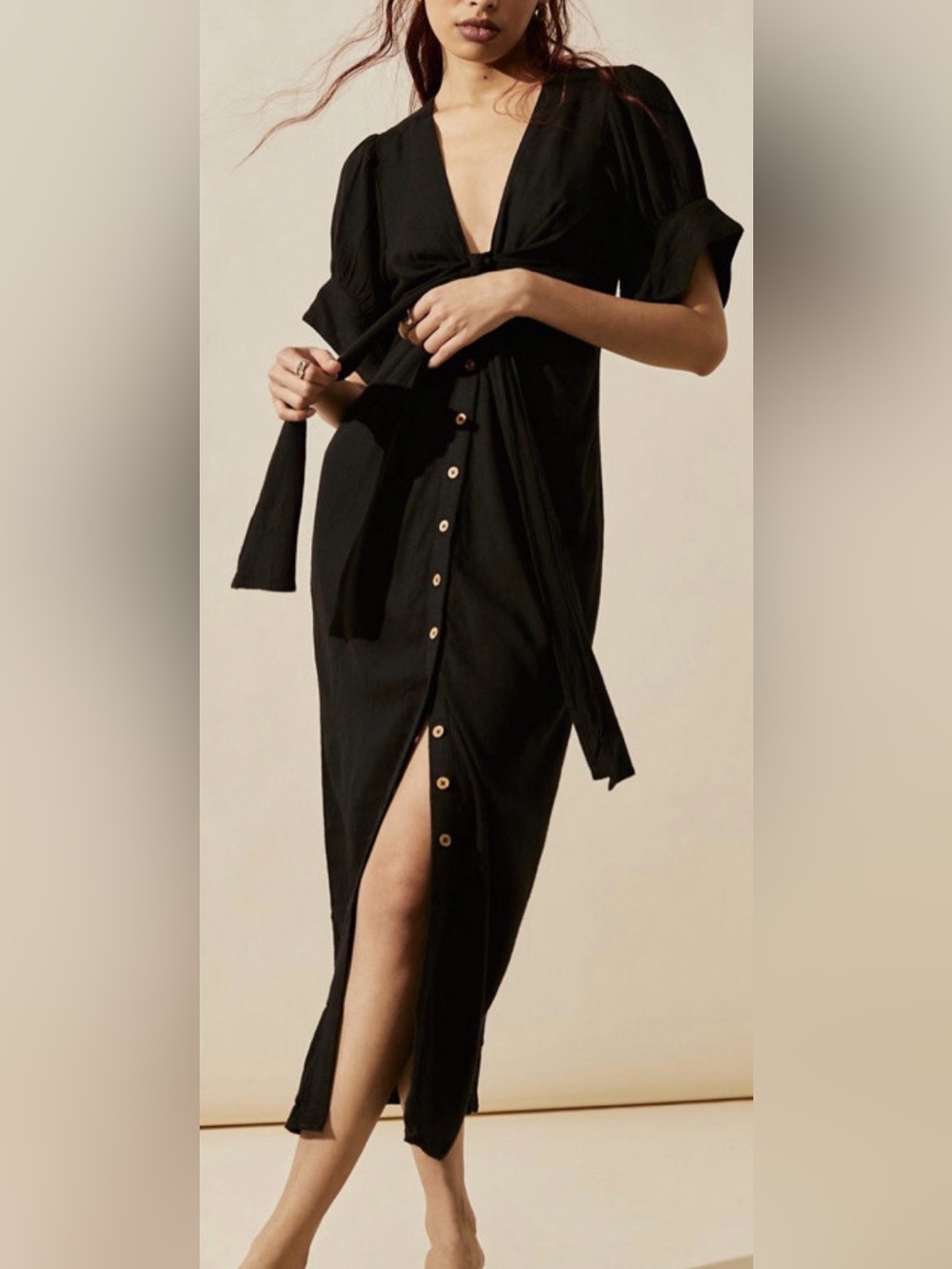 Free People Black Button-Front Tie-Waist Midi Dress